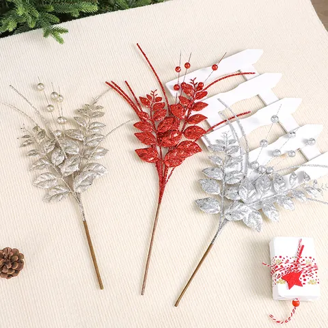 Brin de Baies Artificielles Pailletées Feuilles Décoration d'Arbre de Noël Branches Sprays pour Noël Fête Maison Mariage Décor