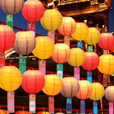 Chinese New Year Macaron Color Paper Lantern Antique Round Folding Hanging Decoration With Riddle Card For Festival Party Mall Home Decor