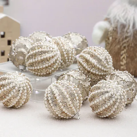 Bolas de Navidad Adornos de Espuma Pintada Con Decoración de Cadena de Perlas Para Árbol de Navidad Hogar Fiesta Decoración