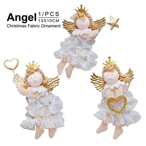 Christmas Plush Angel Doll Pendant Hanging Ornament White Gold Mesh Skirt Sequin Wings Xmas Tree Desktop Decoration Gift