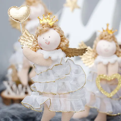 Christmas Plush Angel Doll Pendant Hanging Ornament White Gold Mesh Skirt Sequin Wings Xmas Tree Desktop Decoration Gift
