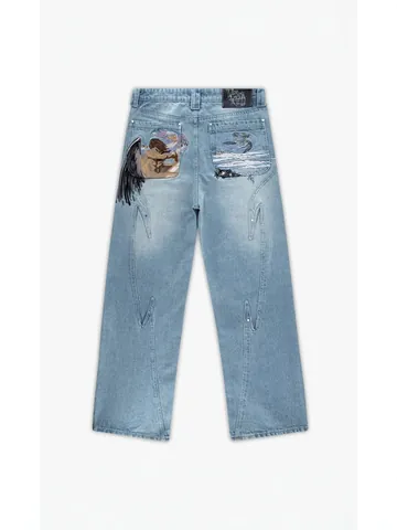 Vescartes Jeans da Uomo Ricamati Fallen Angel Gamba Larga Dritta Lavati Artistici Pantaloni Streetwear Denim Blu