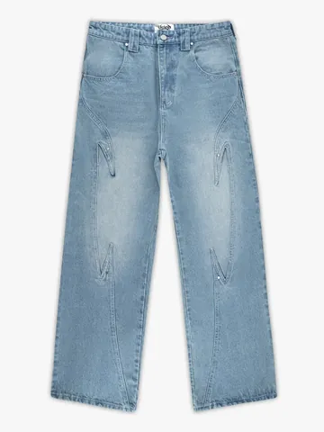 Vescartes Jeans da Uomo Ricamati Fallen Angel Gamba Larga Dritta Lavati Artistici Pantaloni Streetwear Denim Blu