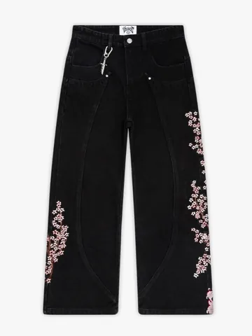 Men's Streetwear Straight Loose Black Denim Jeans With Heavy Cherry Blossom Knight Embroidery High Waist Cotton Washed Long Pants