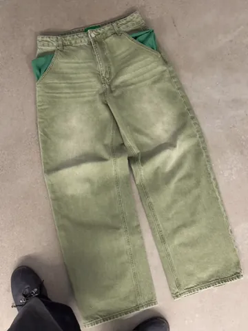 Men Baggy Jeans Retro Matcha Green Mocha Brown Loose Straight Denim Pants Vintage Streetwear Washed Wide Leg Cotton Jeans