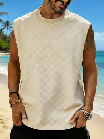 Men's Checkerboard Jacquard Tank Top Summer Casual Loose Sleeveless Knitted Vest Breathable Sporty Top For Beach Vacation