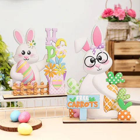 Décorations de Pâques en Bois DIY Lapin Oeuf 3D Multicouches Ornements de Table pour Maison Fête Cadeau Enfant