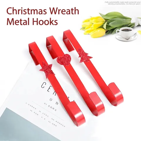 Red Painted Iron Christmas Wreath Hook For Front Door Heart Glitter Hanger Holiday Decor Door Mounted Garland Holder