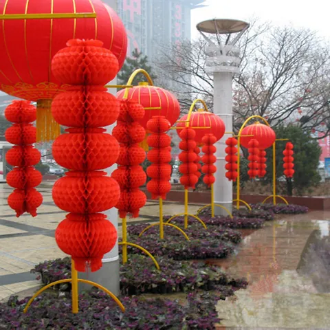 Red Chinese New Year Lanterns Honeycomb Plastic Paper Folding Lantern Hanging Decorations For Spring Festival Wedding Party Outdoor Decor