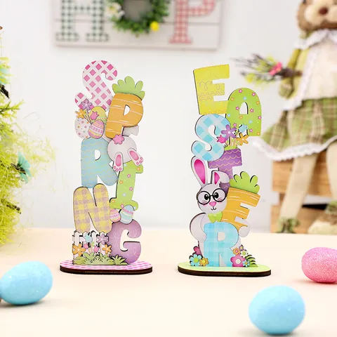 Pâques Ornements en Lettres de Bois Lapin Oeuf Peint Décoration de Bureau Printemps Fête Décor Maison Cadeau Plaque en Bois