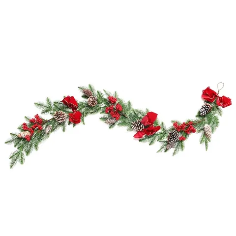 Frosted Christmas Garland PE Pine Needles With Natural Pine Cones Red Berries Bells Bowknot For Hotel Mall Party Decoration