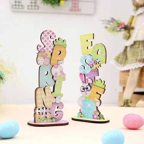 Pâques Ornements en Lettres de Bois Lapin Oeuf Peint Décoration de Bureau Printemps Fête Décor Maison Cadeau Plaque en Bois