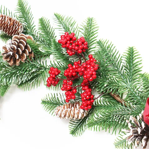 Frosted Christmas Garland PE Pine Needles With Natural Pine Cones Red Berries Bells Bowknot For Hotel Mall Party Decoration