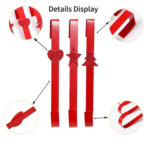 Red Painted Iron Christmas Wreath Hook For Front Door Heart Glitter Hanger Holiday Decor Door Mounted Garland Holder