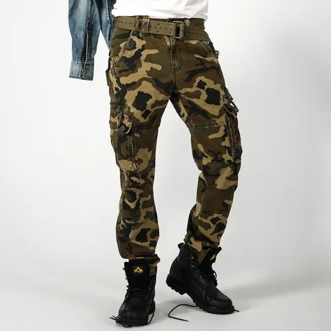 Men's Outdoor Camouflage Cargo Pants Amekaji Multi-Pocket Woven Cotton Tactical Hiking Long Pants With Belt