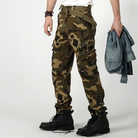 Men's Outdoor Camouflage Cargo Pants Amekaji Multi-Pocket Woven Cotton Tactical Hiking Long Pants With Belt