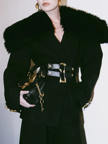 Women Designer Tie Waist Slim Fit Blazer Elegant Detachable Fur Collar Top Long Sleeve Gold Buttons Double Breasted Suit Jacket