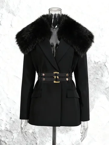 Women Designer Tie Waist Slim Fit Blazer Elegant Detachable Fur Collar Top Long Sleeve Gold Buttons Double Breasted Suit Jacket