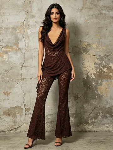 Franse Stijl Kant Gedrapeerde Hals Mouwloze Top en Opengewerkte Uitlopende Broek Tweedelige Set Voor Dames Sexy Casual Polyester Broekset