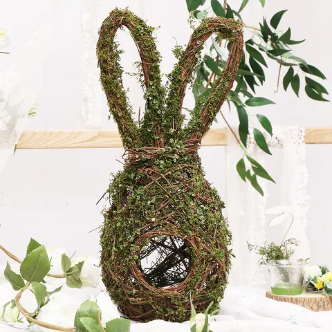 Nordic Natural Woven Rattan Bunny Bird Nest Hanging Ornament Easter Rabbit Decoration With Faux Moss For Home Photo Prop