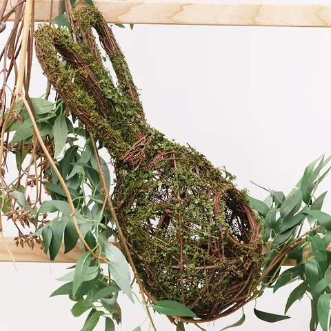 Nordic Natural Woven Rattan Bunny Bird Nest Hanging Ornament Easter Rabbit Decoration With Faux Moss For Home Photo Prop