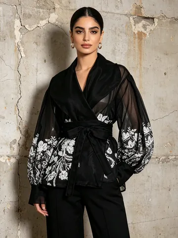Women's Vintage Court Style Organza Blouse With Lantern Sleeves Floral Print Tie-Waist Loose Fashion Shirt Top