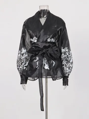 Women's Vintage Court Style Organza Blouse With Lantern Sleeves Floral Print Tie-Waist Loose Fashion Shirt Top