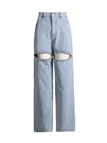 Women's High Waist Rhinestone Hollow-out Wide Leg Jeans Cotton Blend Streetwear Denim Long Pants With Rhinestone Accents