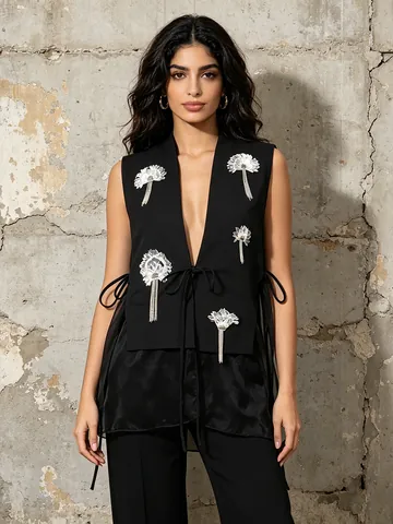 Top Gilet da Donna Stile Occidentale con Scollo a V e Giunzione in Rete Fiori 3D Paillettes Senza Maniche Streetwear Festa