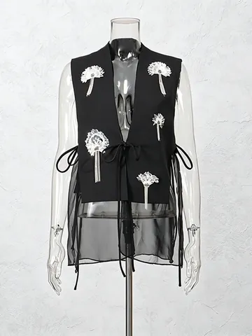 Top Gilet da Donna Stile Occidentale con Scollo a V e Giunzione in Rete Fiori 3D Paillettes Senza Maniche Streetwear Festa