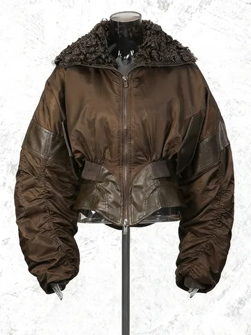 Women American Retro Short Jacket Early Spring New Pleated Cuffs Waist Cinching Padded Coat With Faux Fur Collar Fashion Outwear