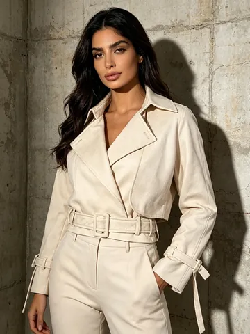Giacca Corta in Finta Pelle Scamosciata Retrò da Donna Vita con Cintura Revers Moda Manica Lunga Poliestere Capispalla Top Casual Streetwear Cappotto