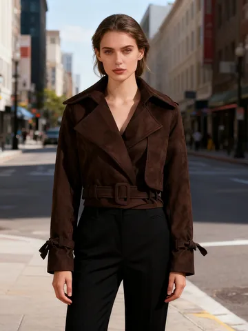 Giacca Corta in Finta Pelle Scamosciata Retrò da Donna Vita con Cintura Revers Moda Manica Lunga Poliestere Capispalla Top Casual Streetwear Cappotto