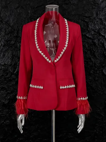Women Elegant French Style Blazer Slim Fit Rhinestone Inlaid Trim Feather Cuff Suit Jacket For Professional Office Partywear
