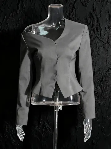 Blazer Elegante de Manga Larga con Cuello Inclinado para Mujer Hombros Descubiertos Cintura Adelgazante Chaqueta de Traje Gris Sólido