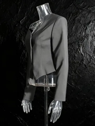 Blazer Elegante de Manga Larga con Cuello Inclinado para Mujer Hombros Descubiertos Cintura Adelgazante Chaqueta de Traje Gris Sólido