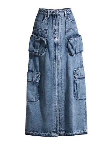 Western Style High Waisted Cargo Denim Long Skirt For Women Streetwear Multi Pocket Split Straight Distressed Jean Skirt