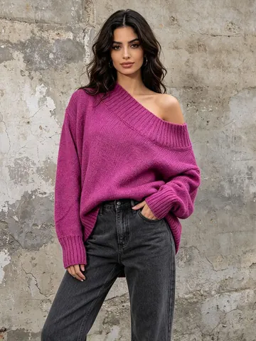 French Lazy Style Off Shoulder Loose Polyester Knit Sweater For Women Fashion Slimming Pullover High End Solid Color Long Sleeve Knitwear