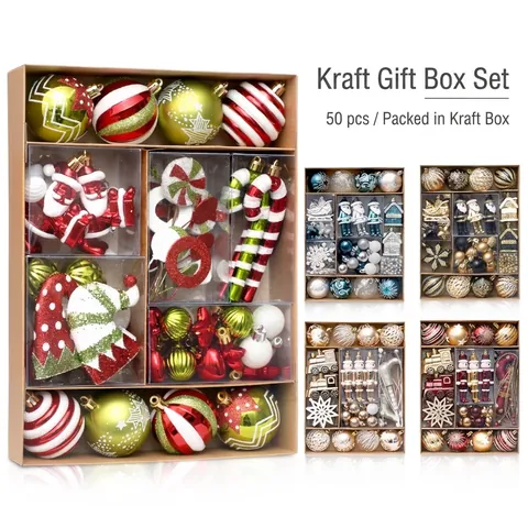 Adornos para Árbol de Navidad Bolas de Plástico Pintadas Decoraciones Colgantes Formas Mixtas Caja de Regalo Kraft Decoración