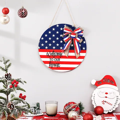 Independence Day Wooden Door Sign American Flag Welcome To Our Home Rustic Patriotic Burlap Bow Fourth Of July Plaque Decor