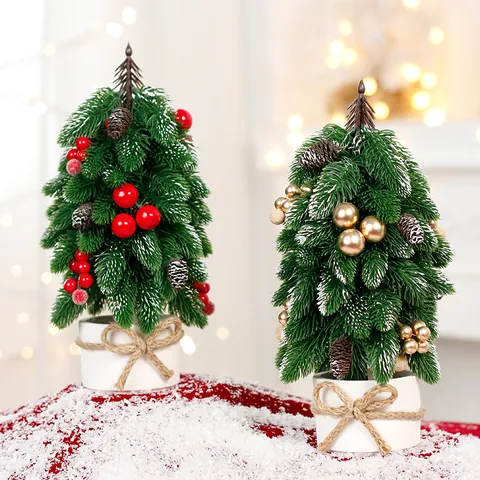 Artificial Noble Fir Mini Christmas Tree Desktop Bonsai Decoration With Pine Cones Berries Bow Indoor Home Party Ornament