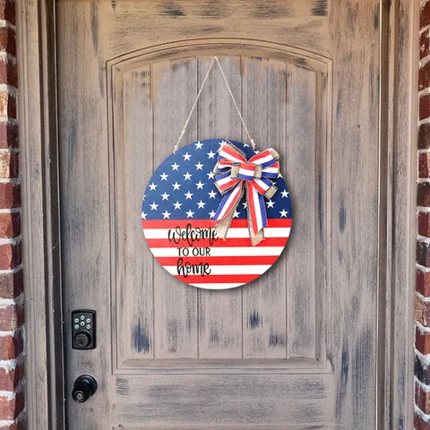Independence Day Wooden Door Sign American Flag Welcome To Our Home Rustic Patriotic Burlap Bow Fourth Of July Plaque Decor