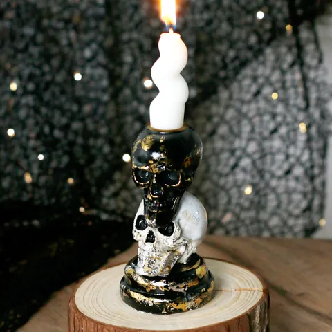 Halloween Skull Candle Holder European Style Resin Double Stacked Skeleton Figurine With Gold Foil For Home Party Decoration