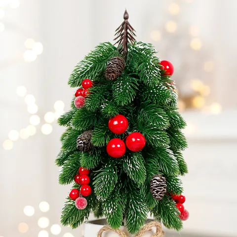 Artificial Noble Fir Mini Christmas Tree Desktop Bonsai Decoration With Pine Cones Berries Bow Indoor Home Party Ornament