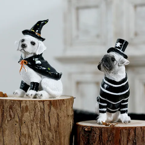 Resin Halloween Dog Figurine Witch Pirate Puppy Statue Home Decor Cute Pug Labrador Halloween Party Decoration Ornament