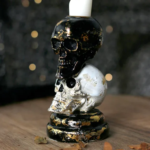Halloween Skull Candle Holder European Style Resin Double Stacked Skeleton Figurine With Gold Foil For Home Party Decoration