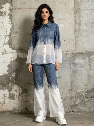 Haut Et Bas Femme Dégradé Imprimé Denim Chemise Taille Haute Pantalon Évasé Ensemble Élégant Manche Longue Patchwork Mesh Tenue