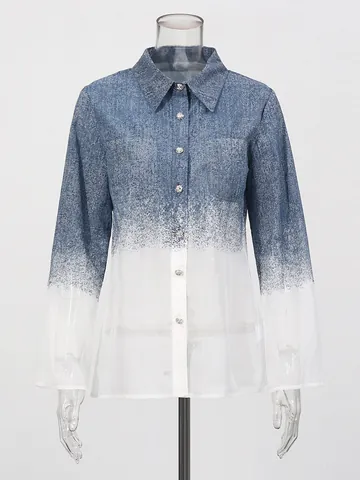 Haut Et Bas Femme Dégradé Imprimé Denim Chemise Taille Haute Pantalon Évasé Ensemble Élégant Manche Longue Patchwork Mesh Tenue