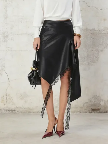 Women Faux Leather Midi Skirt Asymmetric Irregular Lace Patchwork High Waist Black PU A-Line Skirt Streetwear Bottoms