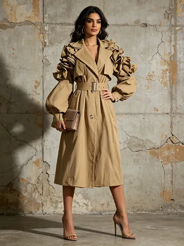Women Elegant Mid-Length Trench Coat Ruffle Splicing Lantern Sleeve Slim Fit Outerwear With Belt Fashion Windbreaker